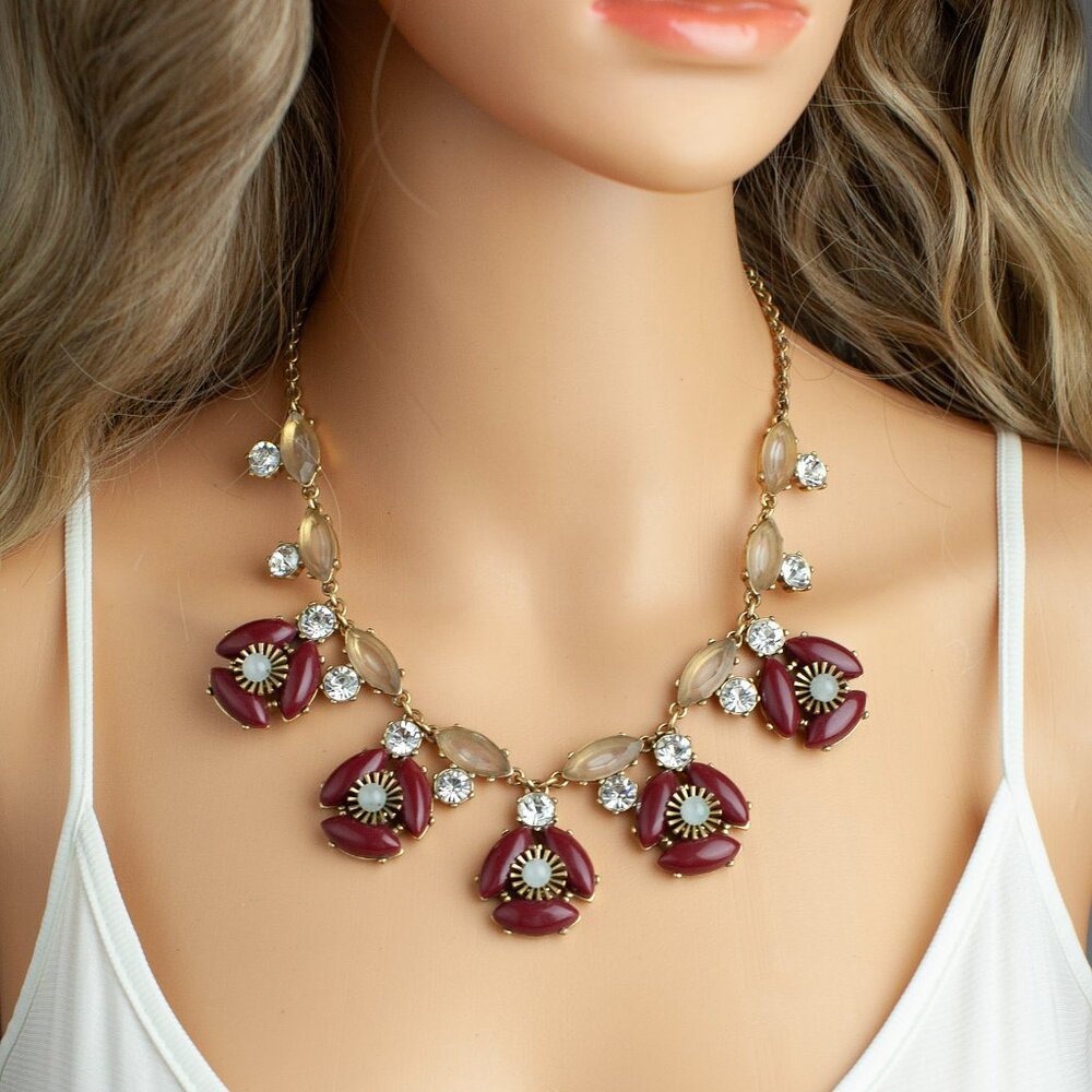 J.Crew Wine Crystal Flower Cluster Bib Statement Necklace Rhinestone Gold Tone